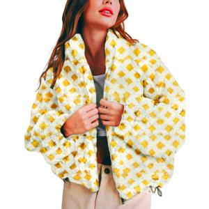 Esmeling Womens Long Sleeve Cropped Sherpa Fleece Plaid Jacket Casual Chunky Teddy Fleece Outerwear (Medium, Yellow)