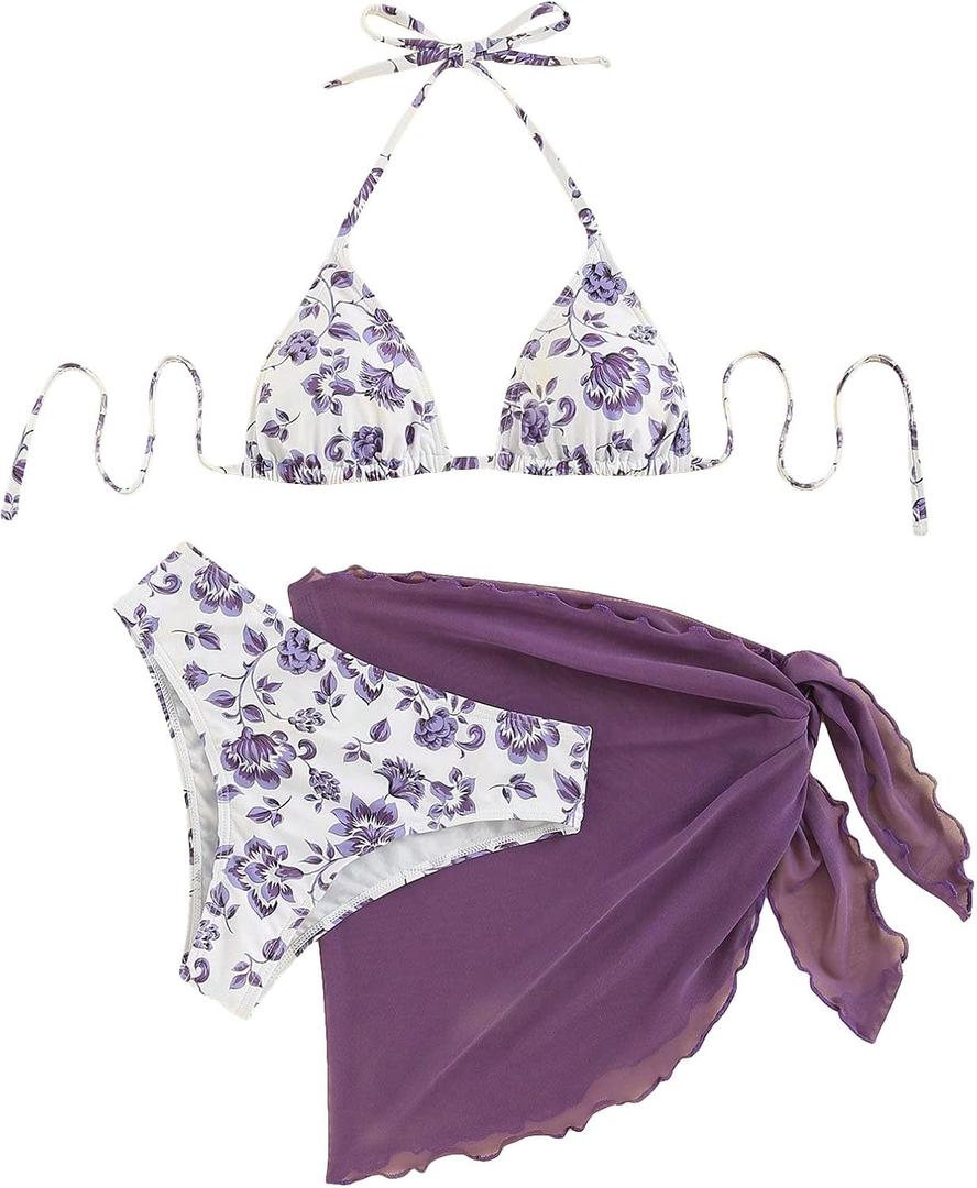 SOLY HUX Bikini Sets for Women 3 Piece Floral Print Halter Triangle Bathing Suit Swimsuit with Sarong Cover Up (Large)