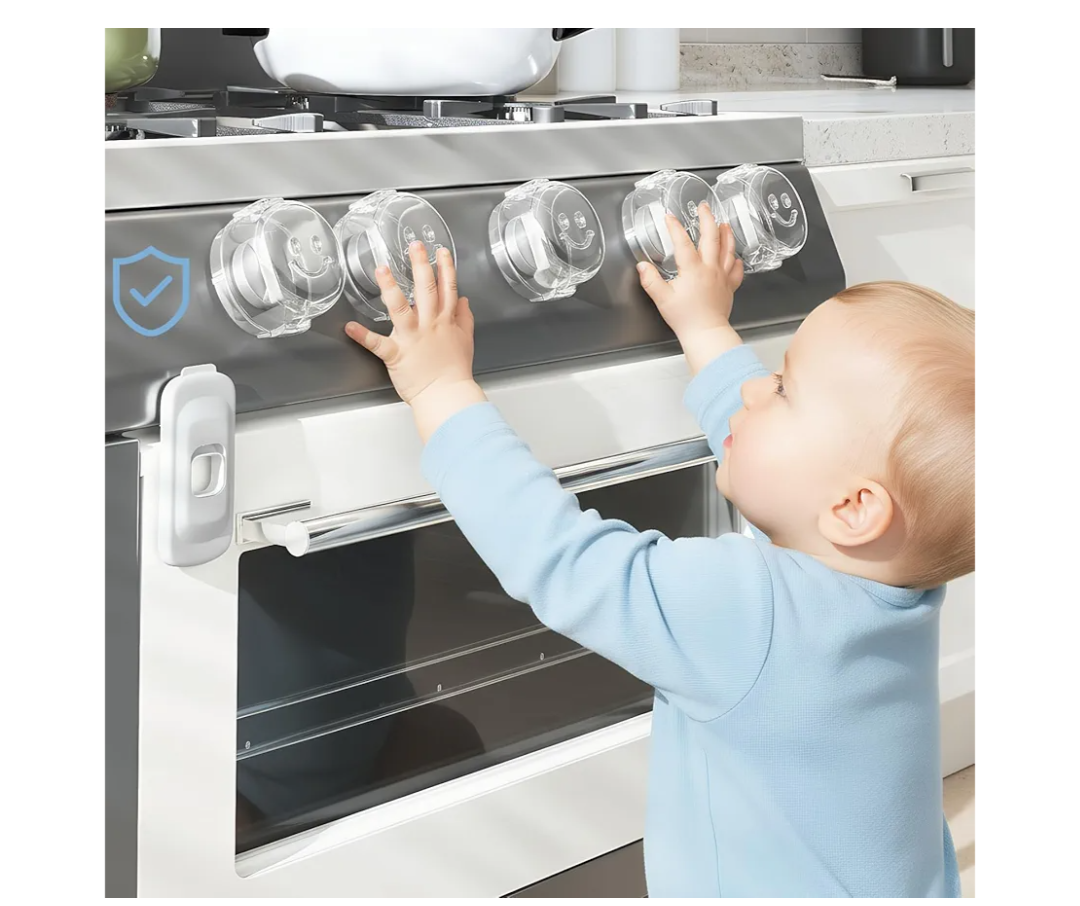 Stove Knob Safety Covers, (5+1Pack) Dual-Lucks Oven Knob Covers for Child Safety, Clear Vies, Universal Size (White)