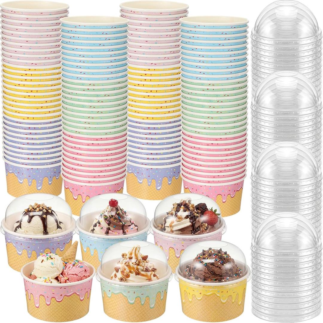 Jingmore 60 Pack 8 oz Ice Cream Paper Cups with Lids Disposable Ice Cream Bowls Paper Treat Dessert Cups 5 Colors Cake Snack Container for Hot or Cold Food Soup Yogurt Birthday Summer Party Supplies