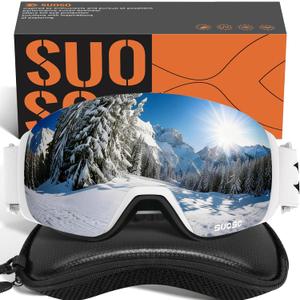 suoso Ski Goggles Frameless for Men: Women Magnetic Lens UV400 Protection OTG Anti-Fog Snowboard Goggles (C01-white Frame Silver Lenses)