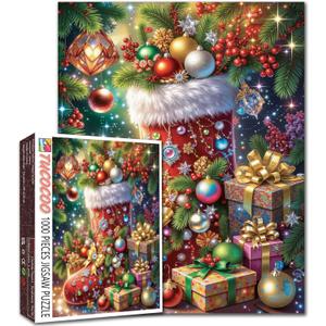 Red Christmas Stocking Jewels Ornaments Gift Boxes 1000 Piece Puzzle for Adults Beginners DIY Craft Challenging Family Activity 27x20 Inches (Christmas Decorations-01)