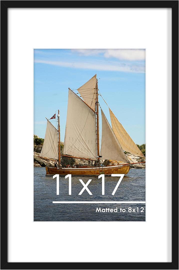 PEALSN 11x17 Picture Frame, Display Pictures 8 x 12 with Mat or 11 x 17 Without Mat for Wall Mounting Display, Photo Frames, Black