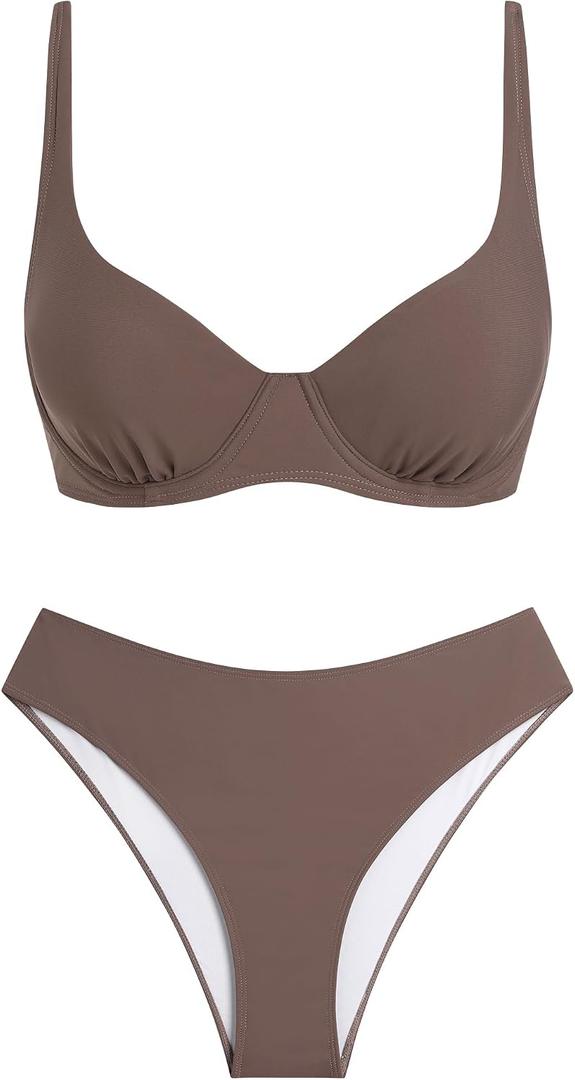 ZAFUL Brown Underwire Bikini Womens Gingham Bikini Sets High Waisted Underwire Swimsuits Full Coverage Two Piece Swimwear Plaid Bathing Suit  (Brown, S)