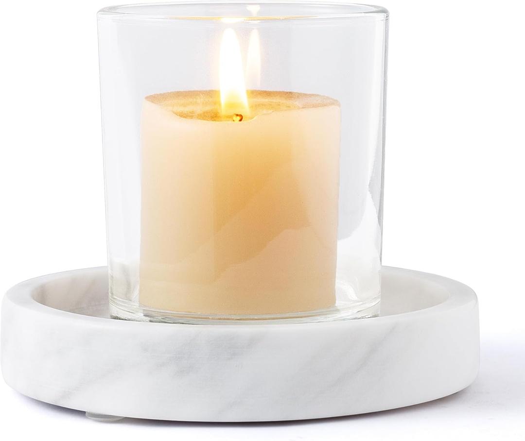 WORHE Candle Holders Italy Premium Natural Marble Candlestick Holder for Jar Pillar Candles Large Round Coaster Plate Jewelry Tray Centerpiece for Wedding Dining Table Home Decor White (ZT011)