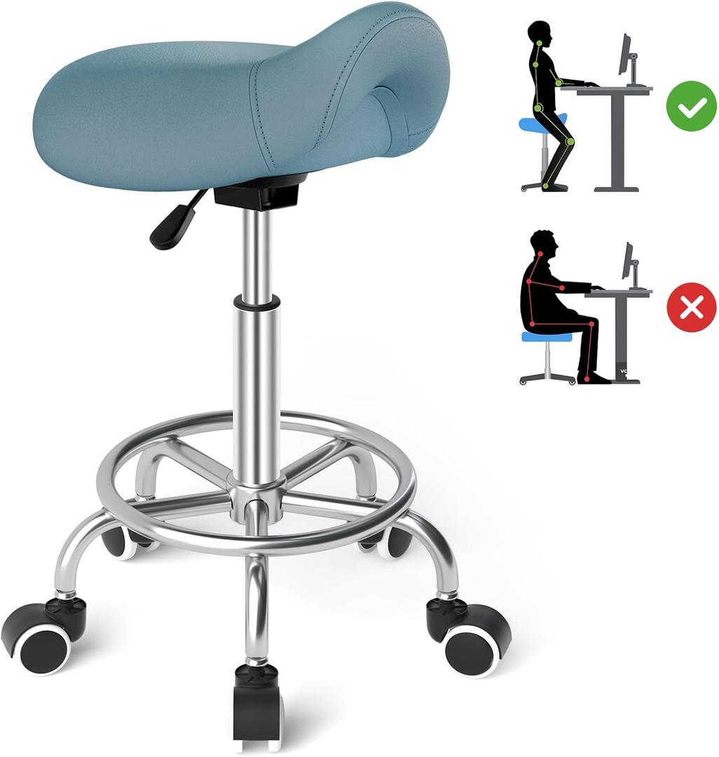 YEEZEE Saddle Stool Ergonomic- Comfortable Rolling Saddle Stool with Wide Thick Saddle Seat Padding, Swivel Adjustable Saddle Chair with Wheels and Ring Pedal for Medical Massage Salon (Blue)