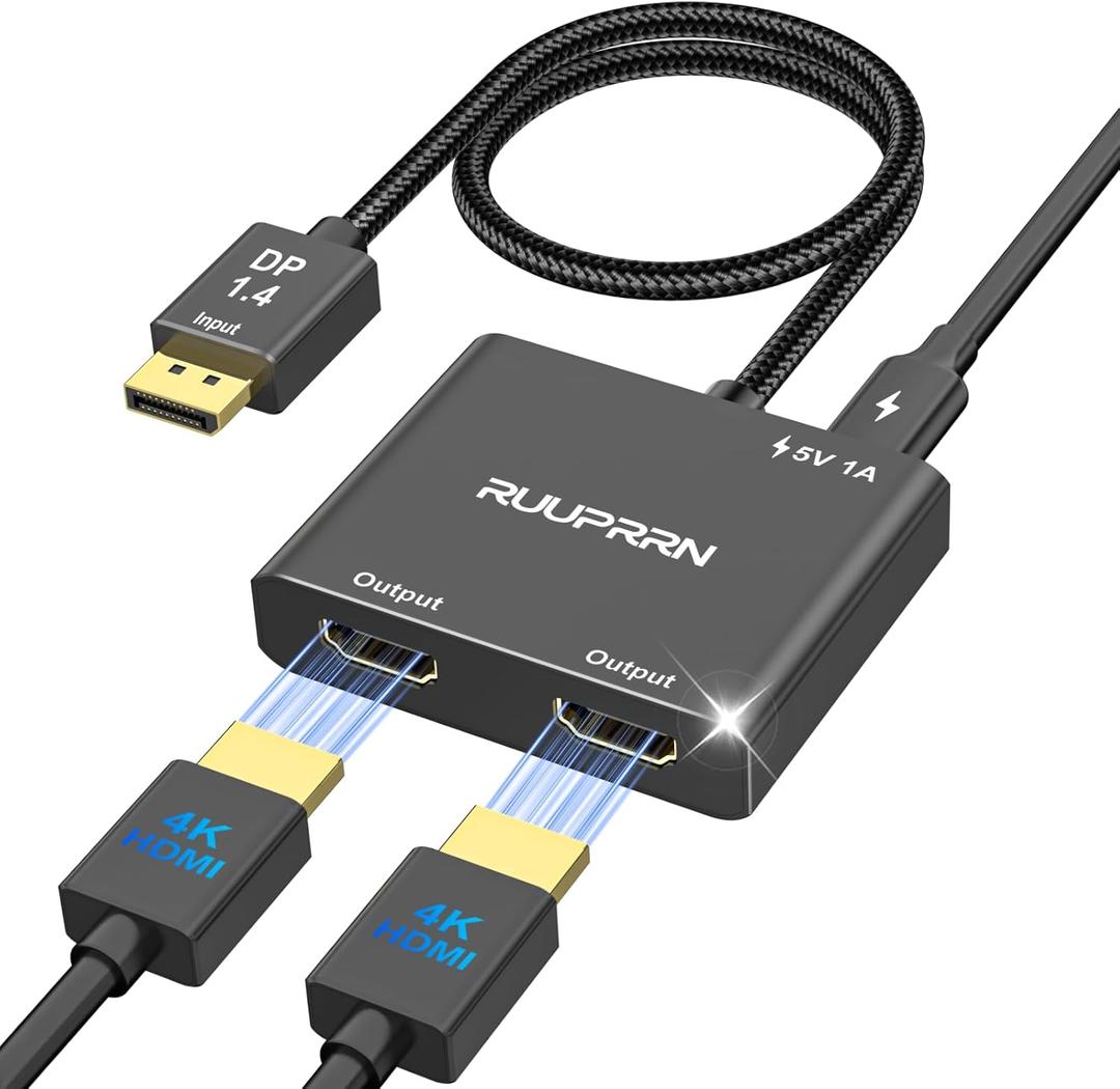 Ruuprrn 4K@60Hz DisplayPort to Dual HDMI Adapter, DP 1.4 Source to HDMI 2.0 Splitter for Dual Monitors, Display Port to HDMI Splitter 1 in 2 Out Extended Display, for PC,NVIDIA, AMD Graphic Card