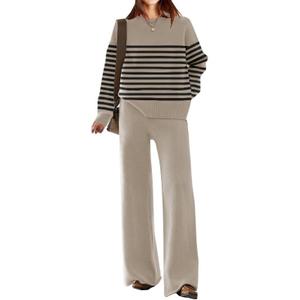 ETCYY NEW Womens Elegant Lounge Sets Knitted Sweatsuit Sets 2 Piece Outfits with Sweater Tops and Wide Leg Sweatpants (Small, 115striped Khaki)