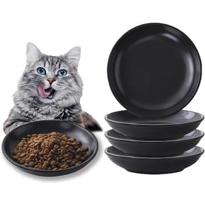 Ceramic Cat Food Bowl Set - 4 Pack Healthy Wide Shallow Cat Dishes Cat Plates for Food and Water, Anti Whisker Fatigue Cat Feeding Bowls for Pet Puppy Kittens, Dishwasher Microwave Safe, 5.8 In, Black