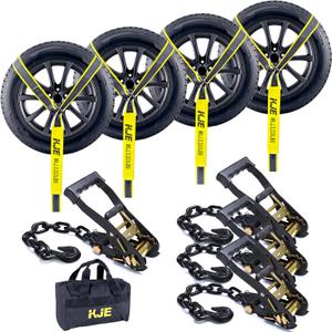 KJE 4 Pack Reflective Car Tie Down Straps for Trailers - Tire Ratchet Strap with Chain Anchors - 2" x 10' 10,000LBS Break Strength - Lasso Style Wheel Straps for Hauling UTV, SUV, Truck, Any Cars, 4pcs - 2" X 10'