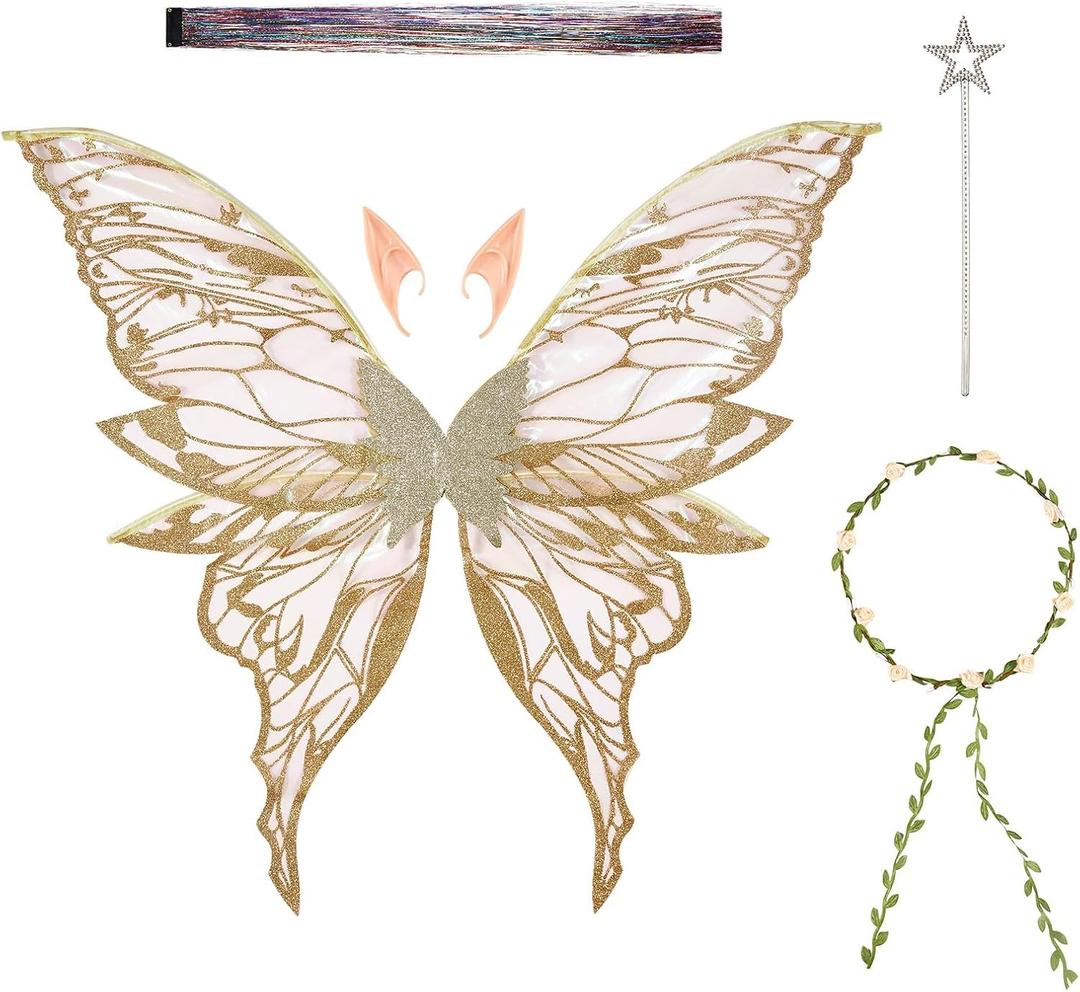 Galetcy Fairy Wings Adult Women Sparkle Butterfly Wings Costume Princess Accessories for Girls Halloween Dress Up (Champagne Gold)