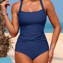 ZAFUL Women's Tankini Swimsuits Tummy Control Swimwear Two Piece Bathing Suits Swim Top with High Waisted Bottom (Blue, M)