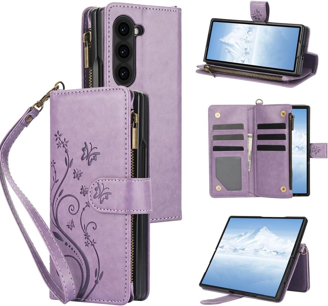 Asuwish Phone Case for Samsung Galaxy Z Fold 7 5G 2025 Wallet Cell Cover with Wrist Lanyard Strap Flower Flip Zipper Credit Card Holder Slot Stand ZFold7 Z7 G Fold7 7Z Women Girls Purple
