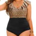 Daci Plus Size one Piece Swimsuits for Women Tummy Control Bathing Suits Ruffle Vintage Swimwear Leopard and Black, 18W