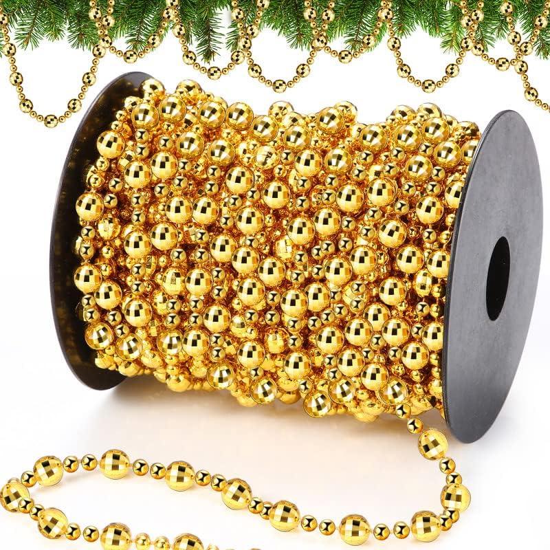 Pangda 49 ft Beaded Garland for Christmas Tree Plastic Artificial Pearl Strands String Beads Trim Roll Chain for Xmas DIY Craft Party Decoration Table Centerpiece Wedding Bouquet(Gold)