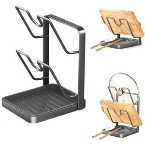 Kitchen Pot Lid Storage Rack With Slots, Lid Holder While Cooking & Spoon Rest, Pot Lid Organizer with Removable Drip Tray for Countertop, Space-Saving Counter Lid Stand For Pots Pans (Double-layer)