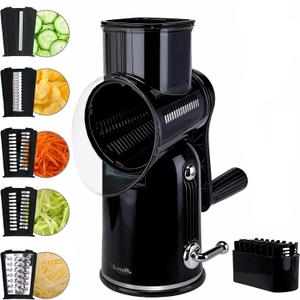 Rotary Cheese Grater with Handle – Includes 5 Stainless Blades and Feature Strong Suction Base – Easy to Clean, Cheese Shredder Hand Crank, Multi-Purpose Slicer (Black)