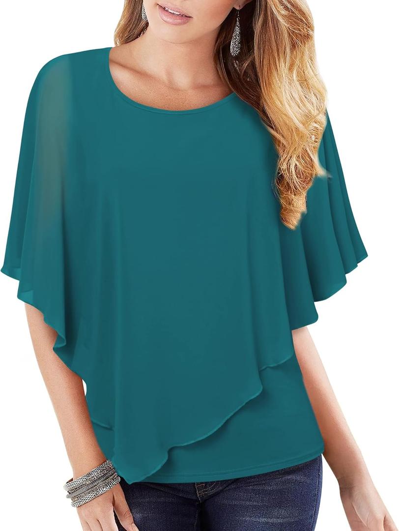 Lotusmile Women's Lightweight Flowy Shirt Double-Layered Printed Chiffon Poncho Blouse Top (3X-Large, Dark Cyan)