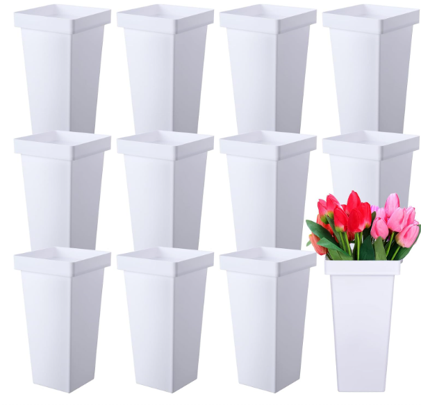 Beeveer 12 Pcs Flower Buckets 13.4 Inch Plastic Floral Bucket for Cut Flowers Modern Square Vases for Centerpieces Display Decorative Plastic Vases for Table Home Wedding Decorations (White)