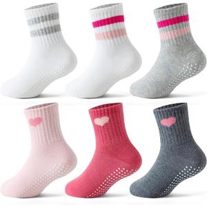 Toddler Socks with Grips, Seamless Non-Slip Crew Baby Boy Girl Grippy Socks
