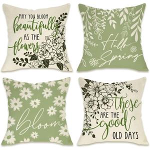 Fahrendom Hello Spring Green Decorative Throw Pillow Covers 18 x 18 Set of 4, Bloom Daisy Flower Leaves Porch Patio Outdoor Pillowcase, Floral Seasonal Sofa Couch Cushion Case Home Decor