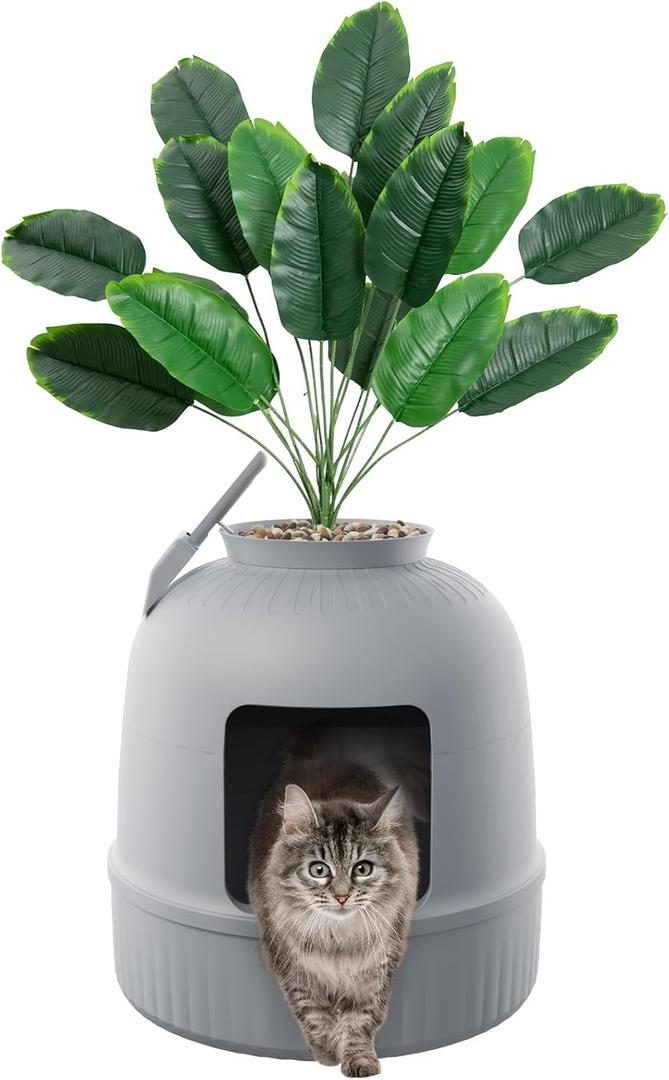 Lifewit Litter Box with Faux Plant & Scoop for Large Cat, Hidden Corner Enclosure Litter Tray with Odor Control & Carbon Filter in Living Room/Bedroom/Bathroom, Grey
