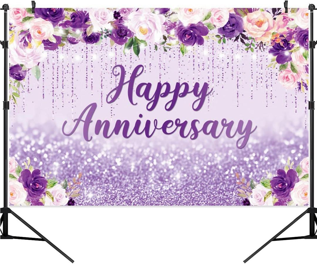 7x5ft Happy Anniversary Backdrop, Floral Glitter Backdrop for Women Wedding Anniversary Decoration Violet and Pink Flowers Photography Background Cake Table Banner Party Decor