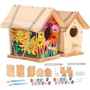 2pc DIY Birdhouse Kit, Cedar Wood Bird House Kits Bulk for Adults, Art Craft Outdoor Birdhouse, Solid Wood Weather Proof Material Painting Kit, Chain for Tree Hanging
