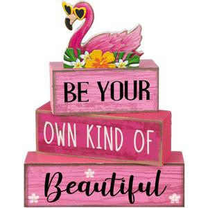 Lineshading 4 Pcs Summer Table Decor Wooden Pink Flamingo Tropical Tiered Tray Decor Pink Summer Centerpieces Rustic Wood Flamingo Block Signs for Home Kitchen Office Decorations