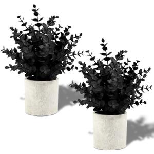 2 Pack Black Fake Eucalyptus Small Fake Plants Potted Artificial Plants for Halloween Decorations Shelf Desk Home Farmhouse Room Coffee Table Bathroom Decor(Black)