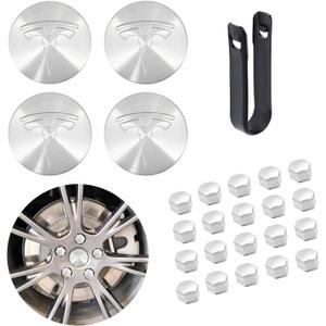 Car Wheel Center Hub Cap Kit with Logo Hubcaps Accessories for TES la Model 3 Model Y 4 Black & Sliver Hub Center Caps + 22 Black Lug Nut Covers (Sliver)