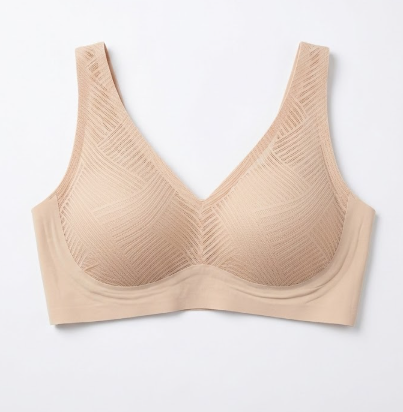 Angelhood Jelly Wireless Bras for Women Lace V Neck Push up Seamless T Shirt Bra Comfortable No Underwire Bra with Adjustable Straps Beige