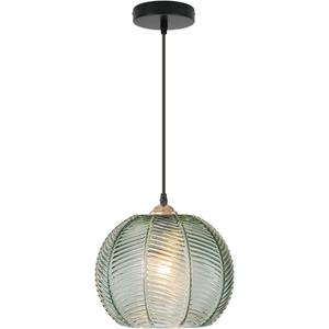 Hand-Blown Green Glass Globe Pendant Light, 8.2" Ribbed Texture Mid Century Modern Chandelier for Kitchen Island, Dining Room, Vintage Ceiling Hanging Light, Adjustable 59" Cord
