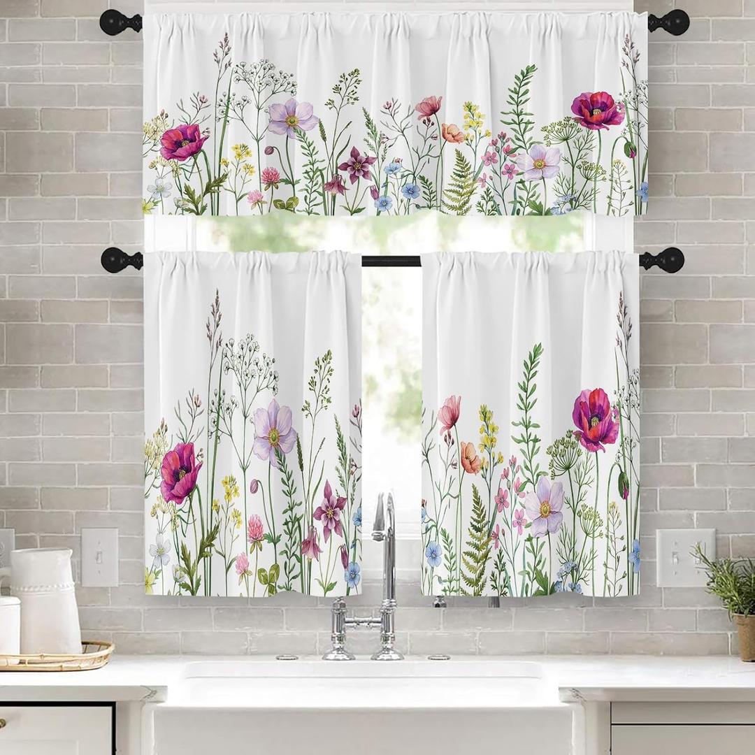 Emvency Spring Flower Kitchen Window Curtains Valance and Tier Set 36 Inch, Pink and Purple Floral Summer 3 Piece Set Short Curtains for Window Treatment Tiers for Living Room Bedroom