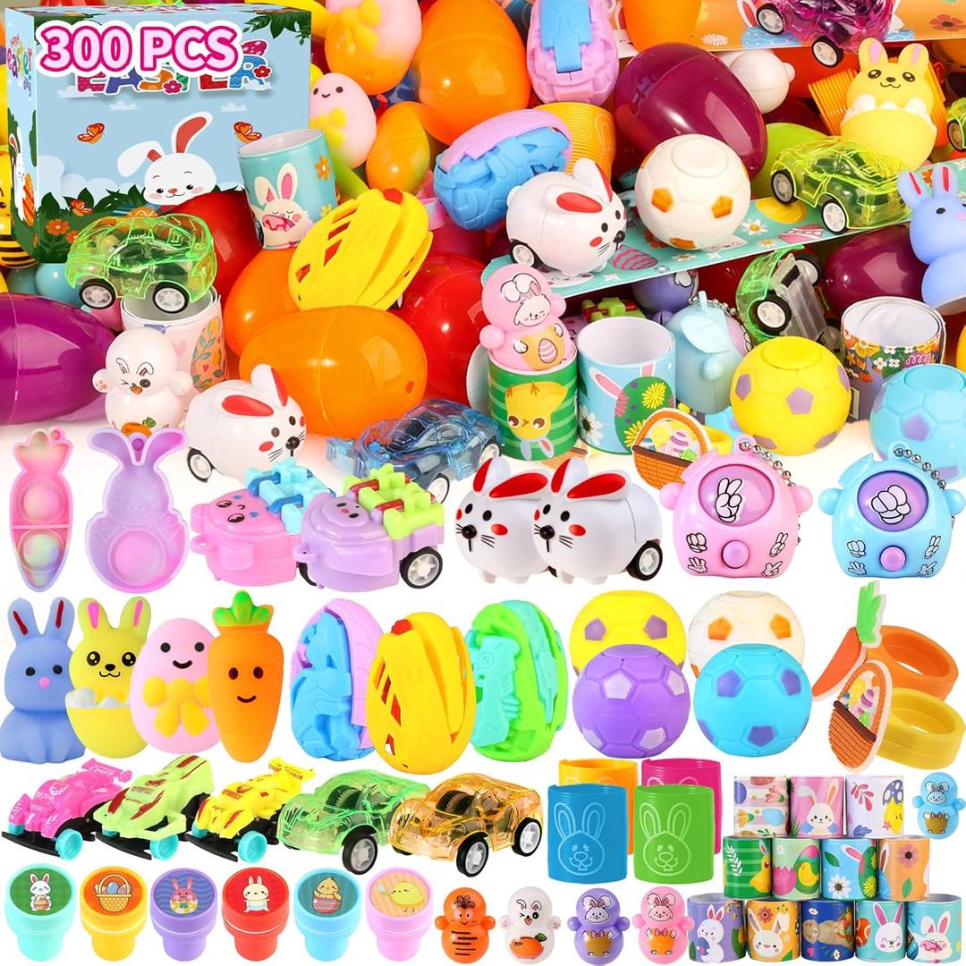 TOAPER 300PCS Prefilled Easter Eggs with Toys, Easter Basket Stuffers, Easter Party Favors, Easter Egg Hunt Prizes, Bulk Plastic Easter Eggs Gifts for Kids Classroom