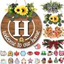 Interchangeable Welcome Home Sign, Last Name Year Round Front Door Wreaths, Welcome Sign for Front Door with 4 Seasonal Wreaths and 21 Year Round Interchangeable Icons for Home Decoration(H)