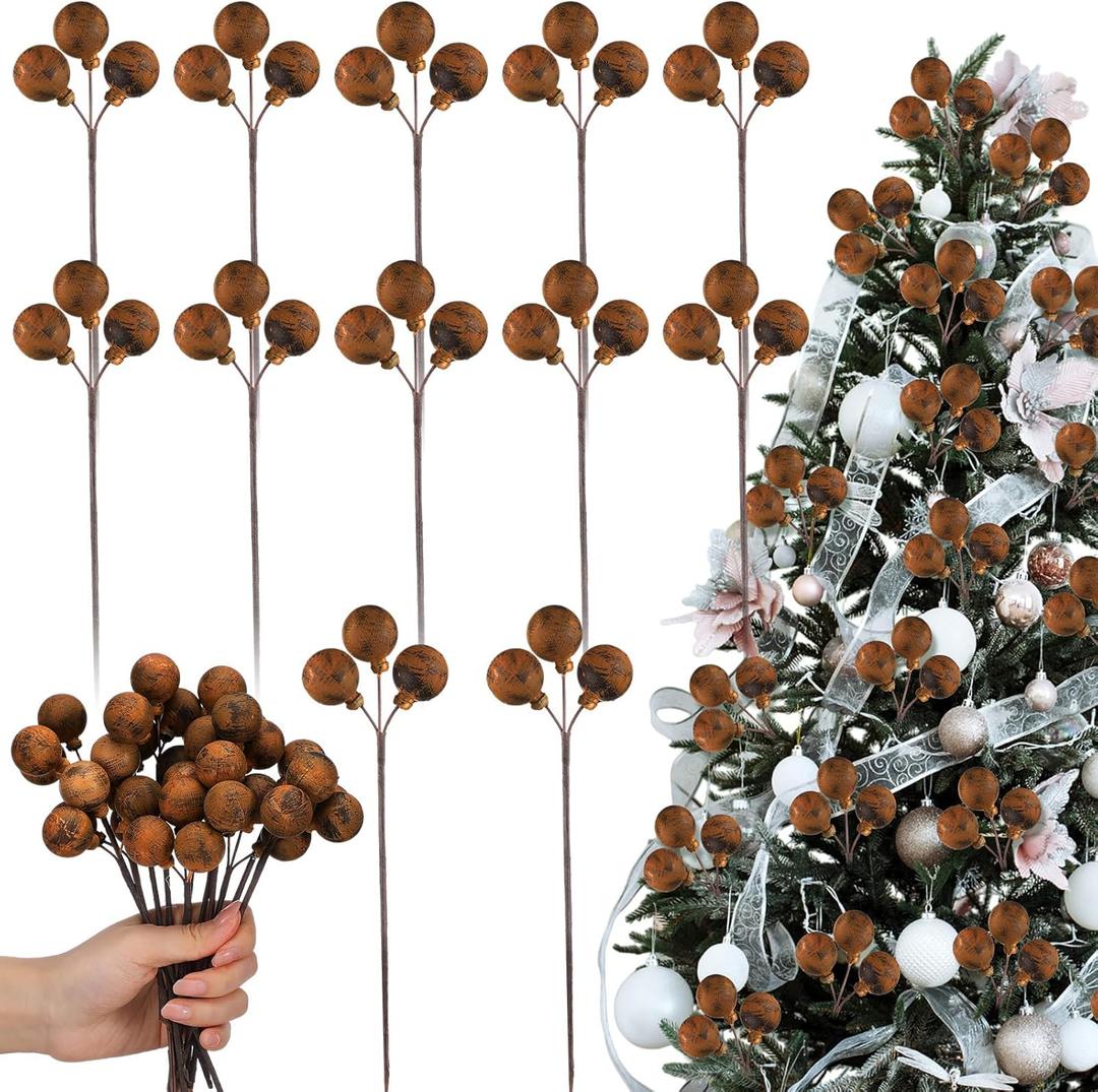 12 Pcs Copper Neutral Christmas Tree Decorations Bronze Neutral Textured Berry Picks and Sprays Ornaments 7.9 Inch Vintage Picks for Christmas Tree Wreath Vase Filler Branches Home Xmas Decor