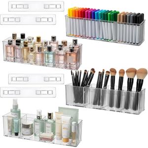 4 Pack Wall Mount Makeup Organizer, 14" Plastic Bathroom Storage Organizer with 3 Compartments, Clear Adhesive Shower Floating Shelf Cabinet Door Organizer for Wall Narrow Space Office