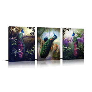 HLJ ART Modern Colorul Peacock Wall Decor 3 Panels Large Animals Painting Prints on Canvas for Home and Office Decoration (16x24)