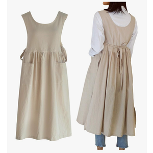 Women Plus Size Cotton Linen Vintage Pleated Split Apron Pinafore Dress with Two Pockets, 43.4"L