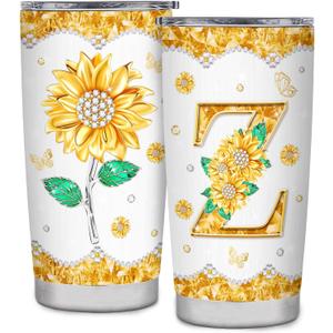Initial Z Tumbler Mug, Monogrammed Sunflower Gift for Women, Personalized 20oz Cup for Wedding, Birthday, Graduation Party, Unique Initial Present for Her, Mom, Teacher