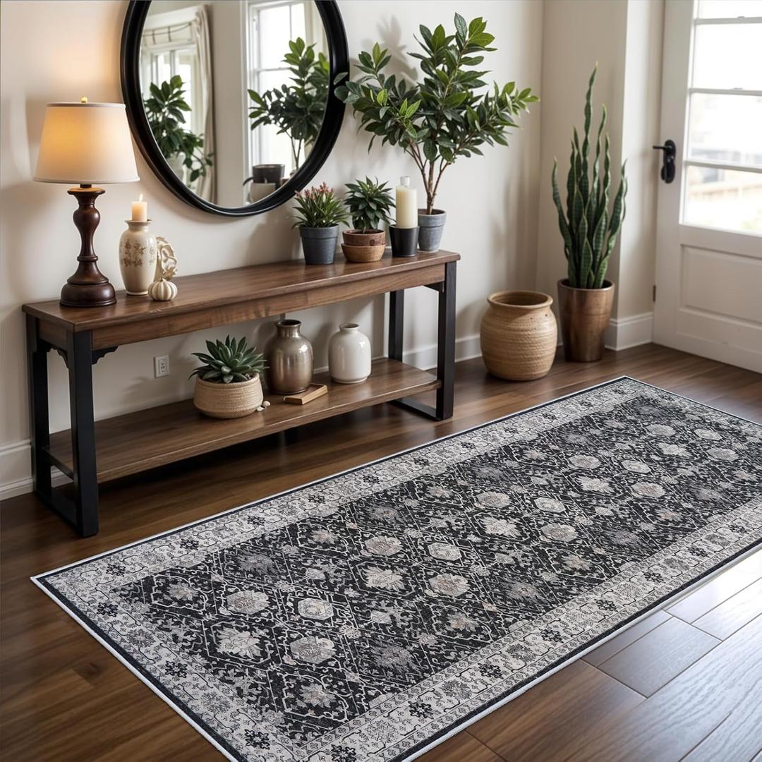 Hallway Washable Runner Rug - 3x6 Kitchen Rugs Entryway Rug Runner Vintage Soft Floor Mat Non Slip Indoor Farmhouse Carpet for Bathroom Living Room Bedroom (3 X 6, Black)