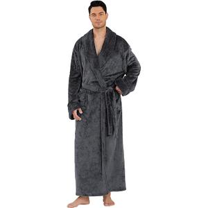 Hellomamma Mens Long Plush Robe: Fleece Bathrobe with Pocket Big and Tall Full Length Man House Coat for Winter Home, L-XL