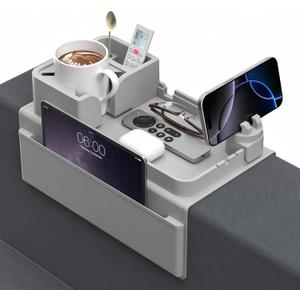 Couch Arm Cup Holder CLESOO Couch Arm Tray Anti-Slip Couch Cup Holder Silicone Sofa Armrest Tray Dual Side Pocket Couch Drink Holder Sofa Caddy Remote Holder Armrest Snack Caddy with Phone Holder Grey (Gray)