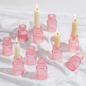 Glasseam Glass Tapered Candlestick Holders: 10 Pcs Ribbed Pink Candle Sticks Holder Decor Modern Fluted Taper Candle Holders Set for Table Centerpiece Pink Wedding Decor Valentine Dinner Parties