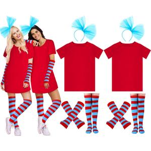 2 Set Costume for Women Include Red T Shirt Striped Socks Stretchy Gloves Blue Tulle Ponytails Headband for Cosplay (Large)