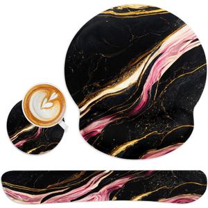 Britimes Black Pink Gold Marble Ergonomic Mouse Pad Set with Wrist Rest Non-Slip Rubber Base Wrist Cushion Support and Coasters Mousepad with Wrist Support for Computer Keyboard and Desk