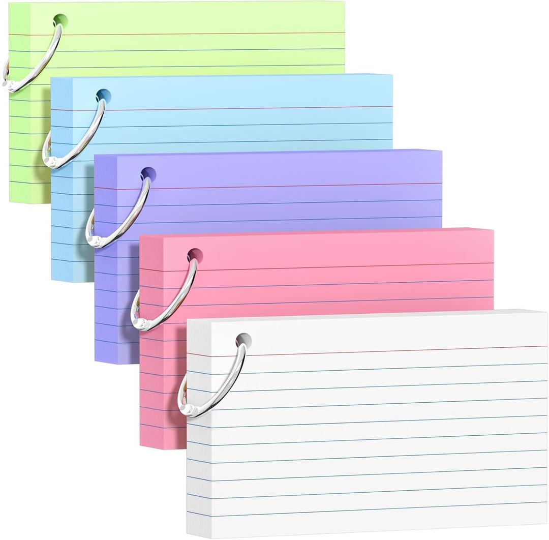 250 Count Colored Index Cards 3x5 Inch with Key Ring, 180gsm Heavy Weight Flash Cards 5 Color (50 Sheets Each) Portable Note Taking for Students, Teachers, Study Note Cards for Office School Supplies