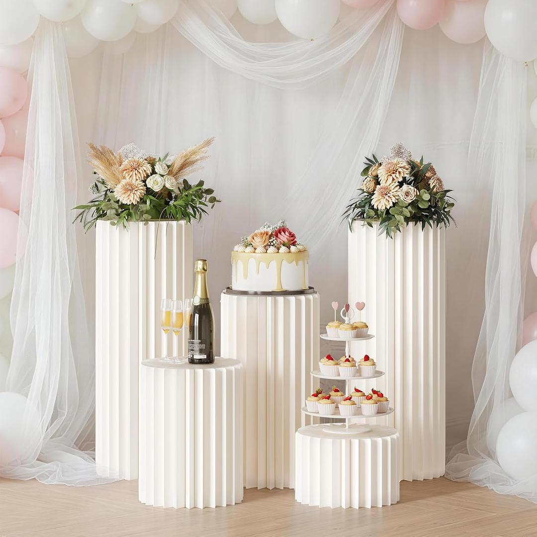 5 Pack Cylinder Stands for Party, Foldable Cilindros Para Fiestas Redondos Blancos Cake Pedestal Stand With Acrylic Disc for Parties Birthday Wedding Pillars Display Decoratio（H31.5", 23.6", 15.7", 7.9"）