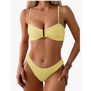 Fanuerg Women's Ribbed Bikini Sets U Wire Adjustable Spaghetti Straps Swimsuit Textured Ruched Two Piece Bathing Suit Size L